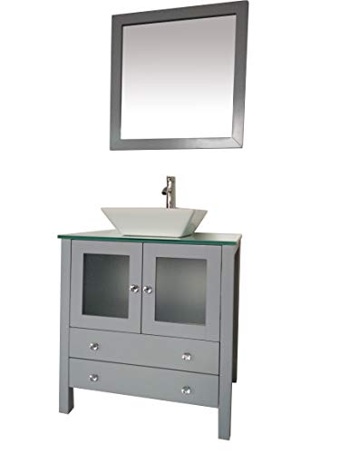 Kirao 30" Freestanding Wooden Modern Bathroom Vanity Ceramic Sink Vessel Set Bathroom Mirror Included (Grey) #TOP2