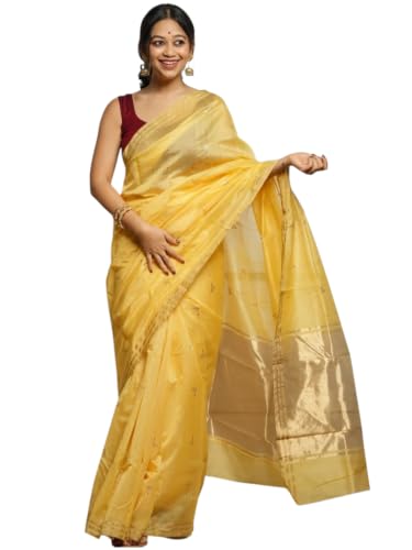 Image of Flosive inchWomen's Premium Pure Cotton Silk Saree with Golden Zari Border and Butti Work | Traditional Handloom Style Saree for Festive & Office Wear