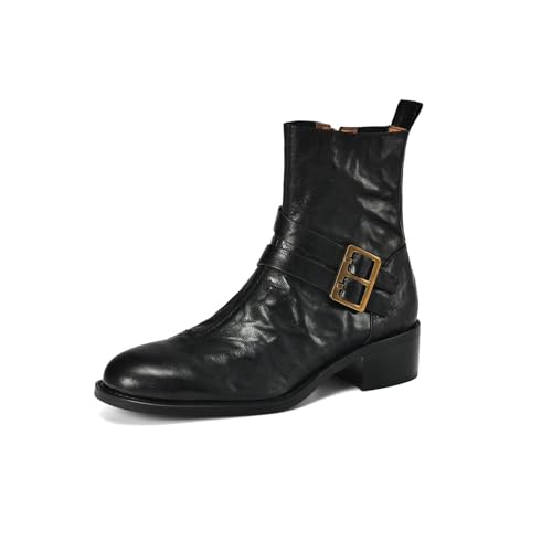 TinaCus Women's Round Toe Handmade Zipper with Buckles Low Chunky Heels Genuine Leather Casual Ankle Boots