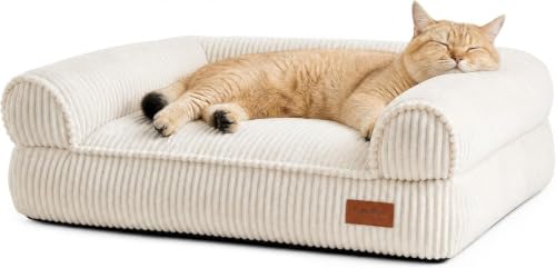 FUKUMARU Katzensofa Bett, Corduroy Gemütliches Katzenbett für drinnen mit abnehmbarem waschbarem Bezug, Stützendes Anti-Rutsch Hundebett Sofa für kleine Hunde, 72 x 52 x 22 cm, Mittel, Creme