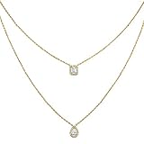 MINUTIAE Gold Plated Double Layered Chain Necklace with Pear & Square Cut Diamond Pendant With Austrian Cubic Zirconia for Women and Girls with Extendable Chain MNT0092-G