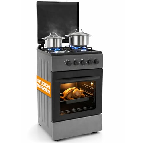 BAKAJI Cucina da Esterno Alimentazione a Gas con Forno e 4 Fuochi, Cucinino con Bruciatori e Griglie Rimovibili in Ghisa con Mobile e Accensione Ergonomica, Ideale per Esterni ed Interni (Grigio)
