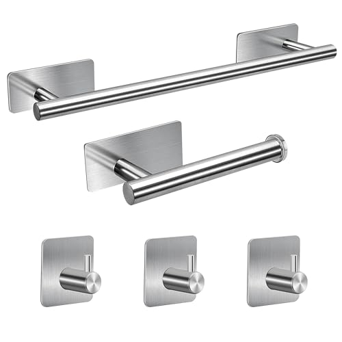 Yesaler Autoadhesivo Juego de Toallero de Baño Juego de Herrajes de Baño de Acero Inoxidable Ganchos para Bata para Baño y Cocina 5 Piezas (Plata)
