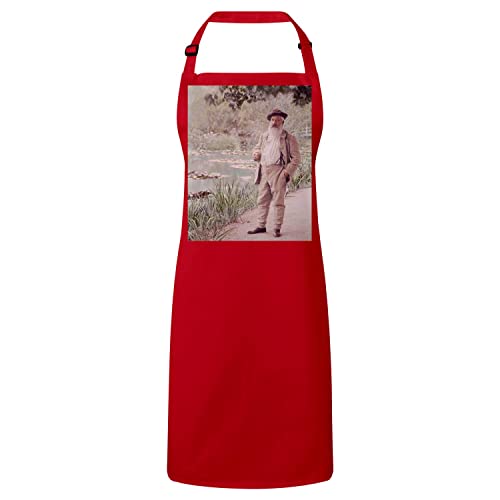 Tablier de cuisine rouge Claude Monet avec motif de Nénuphares imprimé