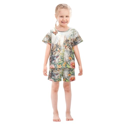 ALAZA Funny Blossom Cat Flower Butterfly Pajamas Set Short Sleeve Cotton Sleepwear Summer Pjs 2 Piece 5-14Y3