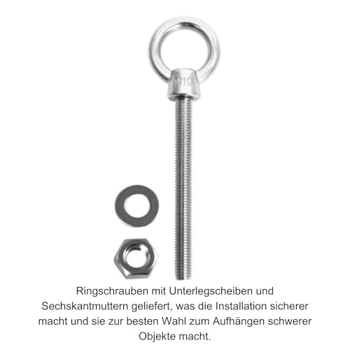 ORTAVA Ringschrauben Lang M10 x 100mm, 2 Stück Augenschraube mit Unterlegscheiben und Sechskantmuttern, Ösenschraube Edelstahl 316 V4A A4, Augbolzen für Befestigens und Aufhängung