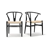 CREATISAN Wishbone Dining Chairs Weave Solid Wood Y Chairs Mid Century Dining Room Chairs with Armrest, Hemp Seat, Set of 2 Black