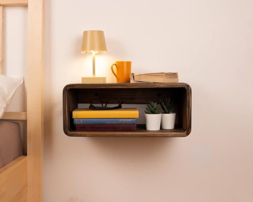 Image of UHUD CRAFTS Floating Wooden Bedside Shelf, Wall Mounted Nightstand, Bedside Table, Nightstand Shelf, Handmade, Floating Wooden Wall Shelf for Storage, 2- Tier Solid Wood Shelf - Dark Burnt