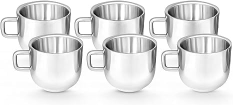 HENNOX Stainless Steel Mini Designer Tea Cup/Coffee Cup - Double Wall | Apple Shape (Set of 6) (70 ml Each)