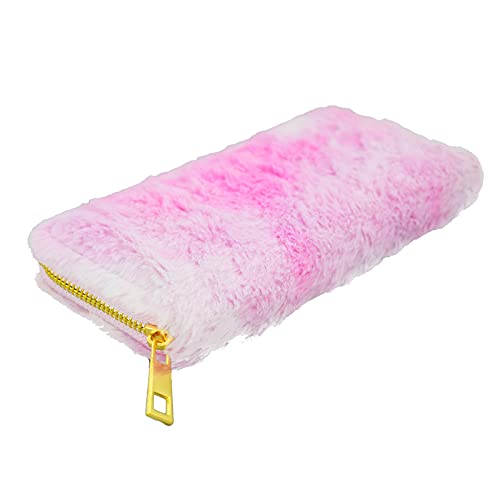 Rainbow Fur Wallet Tie Dye Plush Zipper Long Clutch Purse Card Holder for Girls (Pink Ombre)