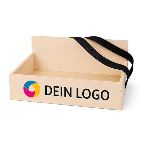 Bauchladen personalisiert mit Logo Holz Bauchladen individuell bedruckt DTF Druck in allen Farben Verkaufskiste für JGA Hochzeit Party & Events robuste tragbare Holzbox mit Gurten