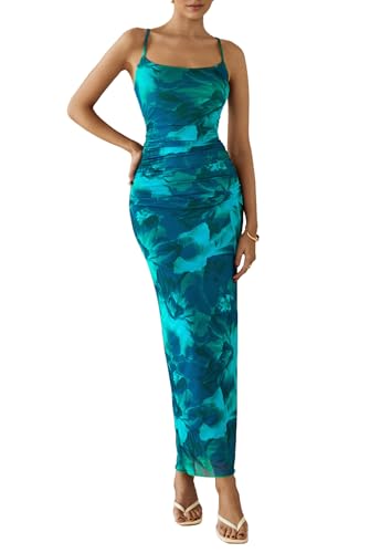 PRETTYGARDEN Summer Wedding Guest Dresses for Women 2025 Spaghetti Strap Mesh Bodycon Beach Floral Maxi Long Dresses