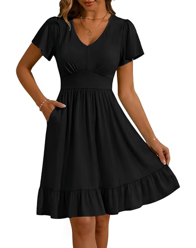 Kranda Summer Dresses for Women 2026 V-Neck Short Flutter Sleeve Empire Waist A-Line Ruffle Tiered Solid Color Midi Dress Casual Party Beach Vacation Sundress with Pockets Black XL