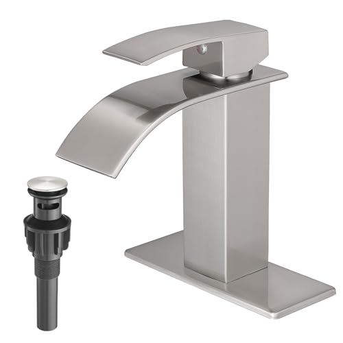 VOTON Waterfall Bathroom Faucets Brushed Nickel Modern Single Handle Sink Faucet for 1 or 3 Holes with Deck Plate and Pop-Up Drain, Rv Sink Camper Farmhouse Faucet