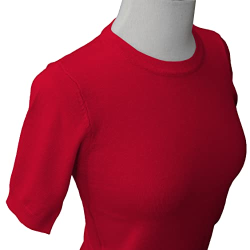 Yemak Women's Knit Sweater Top – Half Sleeve Crewneck Basic Casual Classic Fit Lightweight Knitted Soft Pullover Tee Mk3664-Red-M #TOP1