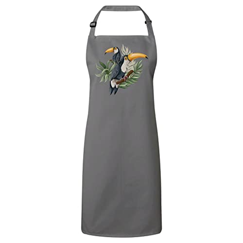 Tablier cuisine gris toucan arborant un décor de jungle tropicale