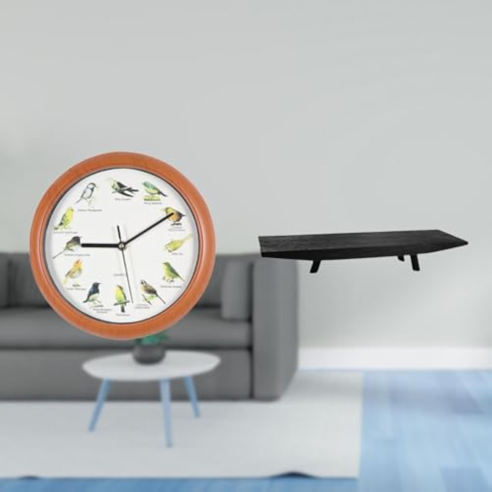 Melodic Bird Clock Decor and Rustic Wood Serving Tray