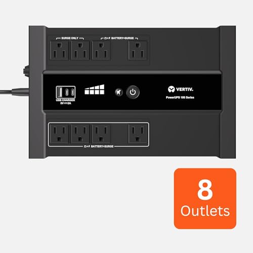 Image of Vertiv Liebert PowerUPS 100 UPS, PST6-700LVMT, 700VA /425W 120V Standby Power, 8 Outlets, Battery Backup with Surge Protection, USB C+A Charging, 3 Year Warranty, User Replaceable Batteries