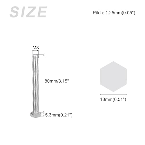 Image of METALLIXITY Hex Bolts (M8-1.25x80mm) 6Pcs, 304 Stainless Steel Coarse Fully Threaded Hex Head Screw Bolt Machine Screws - for Furniture Repair, Silver