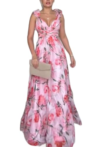 Genérico Vestido de Fiesta Largo de Tul con Volantes y Tirantes Finos, Estampado Floral, para Noche