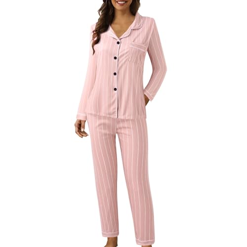 Dwevkeful Schlafanzüge Für Damen, Langarm Langhose Winter Pyjama aus Baumwolle | Warmer Hausanzug mit Weiten | Kuscheliger Pyjama für Kalte...