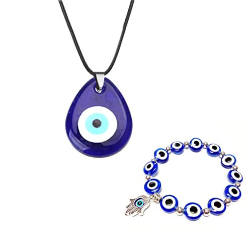 Image of Caiyao 1-3 Pcs Blue Beads Evil Eyes Bracelet Hamsa Hand of Fatima Bracelet Glass Charm Evil Eye Leather Cord Necklace Protection Jewelry Set