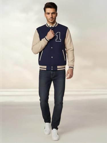 Image of CHKOKKO Men's Regular Varsity Jacket with Snap Button Closure and Patch Design Trendy Comfortable Outerwear for College Travel and Casual Wear