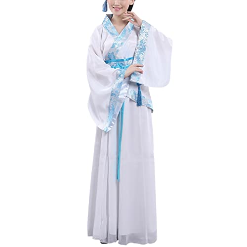 Women's Chinese Hanfu Dress Ancient Traditional Costume Outfit Stage Performance Wear (423# White/Blue, L)