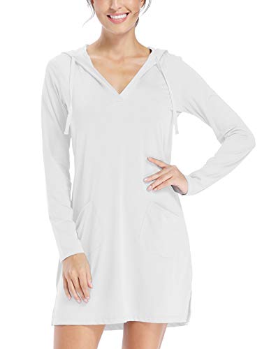 Willit Women's UPF 50+ Cover-Up Dress SPF Long Sleeve Shirt Dress Sun Protection Hiking Beach White M