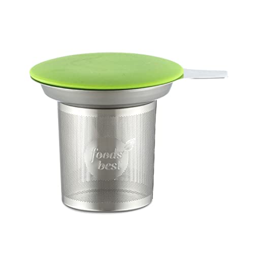 foodsbest® Edelstahl Teesieb für die Tasse | Teesieb aus Edelstahl für losen Teeblätter | mit Deckel und Abtropfschale, Farbe:Grün Cover