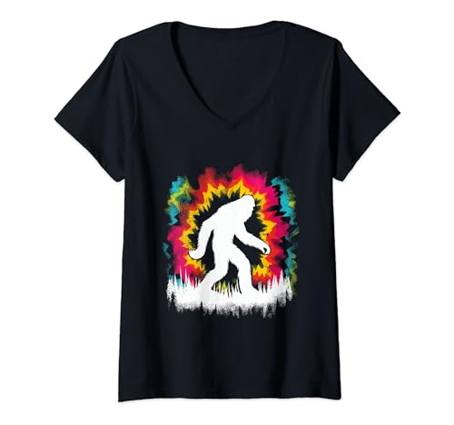 Mujer Estilo Tie Dye de Bigfoot, vintage, amante de los Sasquatch, cazador Camiseta Cuello V