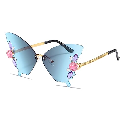 YAMEIZE Lunettes de Soleil Sans Monture Avec Strass - pour Femmes Hommes Lunettes de Soleil Tendance en Rhinestone Forme de Papillon avec Diamant Butterfly et...