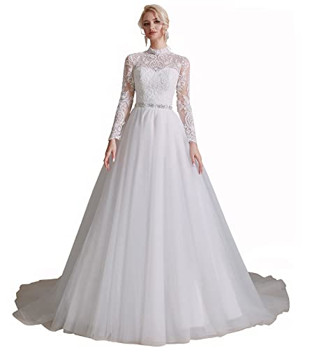 Amazon.com: Ikerenwedding Tulle Wedding Dress Beaded Lace Applique Long  Sleeves Bridal Ball Gown Ivory US2 : Clothing, Shoes & Jewelry