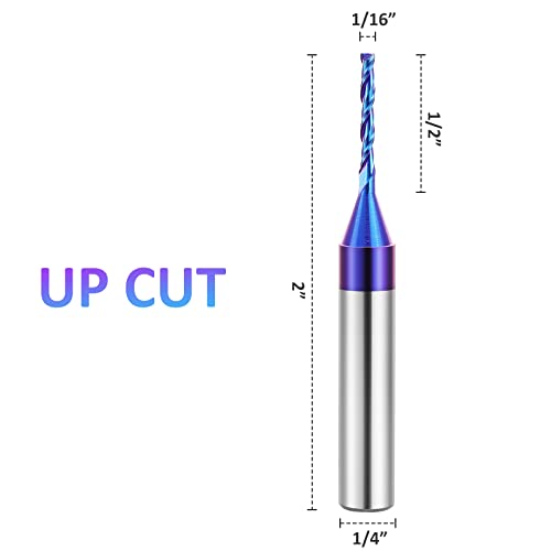 Hqmaster Spiral Router Bits 1/4 Inch Shank 1/16“ Cutting Diameter Solid Carbide Nano Blue Coated Spiral Cnc Bits End Mill For Wood Cut Carving Engraver (1/16" Up Cut) #TOP1