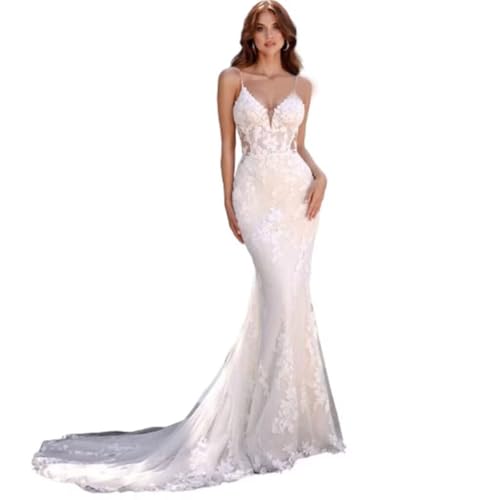 PUYIKET Beach Wedding Dresses for Bride 2025 Lace Applique V-Neck Long Tulle Mermaid Bridal Dresses for Women H Style White