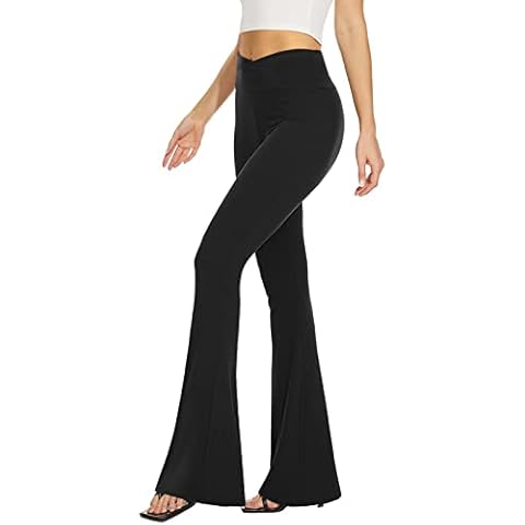 TNNZEET Women’s Black Flare Yoga Pants, Crossover High Waisted Casual Bootcut Leggings, Black, Large Cover