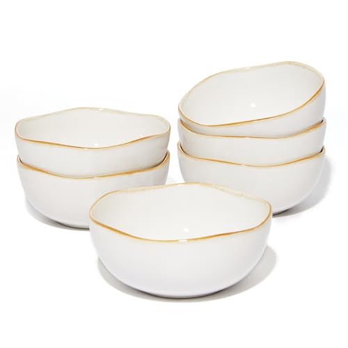Image of Pokini 20Oz Stoneware Cereal Bowls Set of 6, 5.8 inch Irregular Soup Bowls Set | Reactive Glaze Small Bowls for Soup, Oatmeal, Snack, Microwave & Dishwasher Safe, Chip Resistant Breakfast Bowls, White