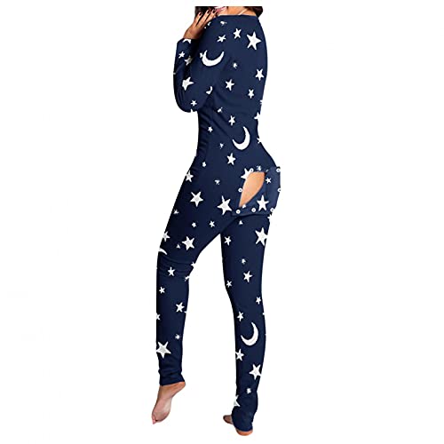 Womens Long Sleep Sets Button Romper Women Nightwear Bodysuit Playsuit Long Print Onesie Pajamas For Adults, Navy, X-Large #TOP21