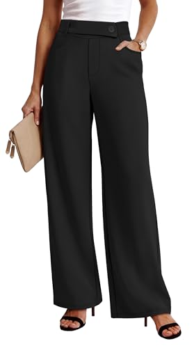 Sampeel Pants for Women Dress Work Black Slacks with Pockets High Waist Wide Leg Pants Stretchy Pull On Business Casual Outfits Summer Fall Fashion Travel Vacation Women's Clothing L