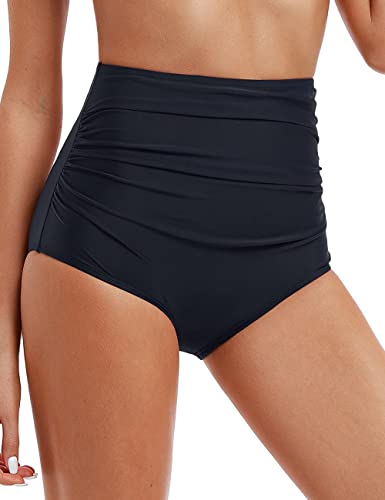 Firpearl Women's Retro Solid High Waist Ruched Bikini Bottom Ruched Swim Shorts Us14 Black #TOP1