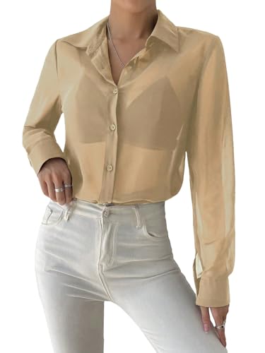 Verdusa Women's Sheer Mesh Button Up Shirt Long Sleeve See Through