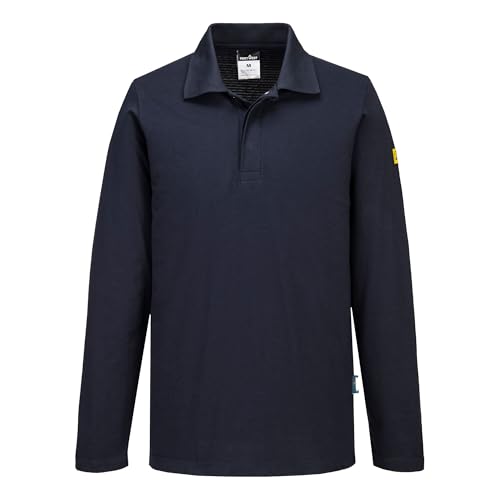 Portwest AS23 Anti Static ESD Polo Shirt Long Sleeve Lightweight Cotton Comfort Fit Workwear Anti Scratch Corporate Finish Certified Protection, Navy, XXS
