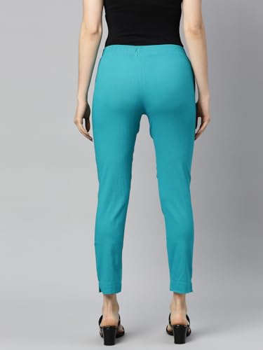 Image of MINELLI Women Solid Cigar Pants, Cotton Lycra Slub Fabric, Elasticated Waistband, Pull On Style, Regular Fit Bottom Wear for Western and Ethnic Wear