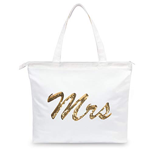 TOPDesign Hochzeitstasche, goldfarbene Pailletten, Leinen-Tragetasche, Brautparty, Geschenke für die Braut, mit einer Innentasche, Reißverschluss oben, Mrs Cover