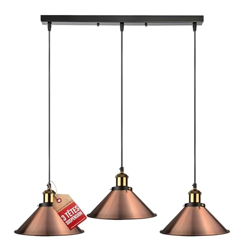 LEDSone Lampada a sospensione da soffitto in metallo stile loft con paralume industriale vintage in rame a 3 teste