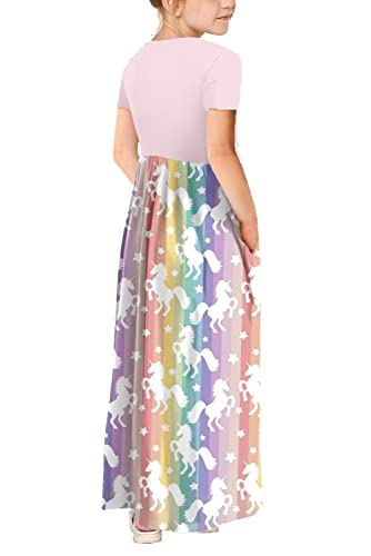 Yoklass Girls Unicorn Dress Summer Short Sleeve Casual Long Pink Maxi Dress With Pockets Rainbow Dress For Girls Size 7-8 #TOP1
