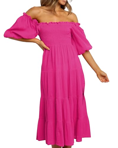 Image of R.Vivimos Women's Summer Cotton Lantern Sleeves Ruffled Off Shoulder A-Line Midi Dresses