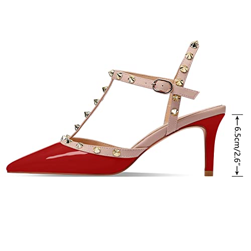 Image of XINIUNIU Studded Heels for Women Kitten Heels with Studs Stiletto Sandals with Rivet Ankle Strap Patent Leather Pointy Toe 2.5 Inch Party Daily Wear Evening Sandals
