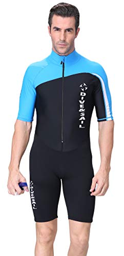 Men 1.5mm Wetsuits One Piece Short Sleeve Diving Suit UPF 50+ Sun Protection Front Zip Dive Rash Gurad for Surfing Snorkeling Swimming XXL Blue