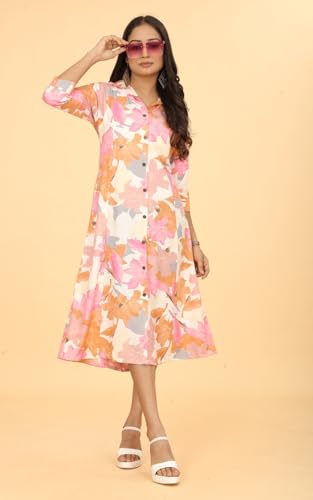 Image of KESUDI A Line Dresses for Women Western Rayon Floral One Piece Dress for Women | Stylish Flared Roll Tab Sleeve | Knee Length Midi Maxi Dress | Wear as Beach, Party
